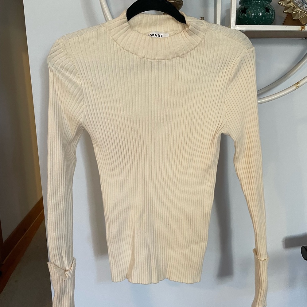 Aware by Vero Moda Women's Small S Mock Neck Cream Ivory Long Sleeve Shirt